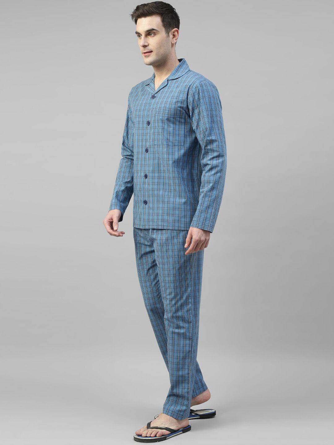 hancock checked lapel collar long sleeves cotton relaxed fit night suit 28031blue