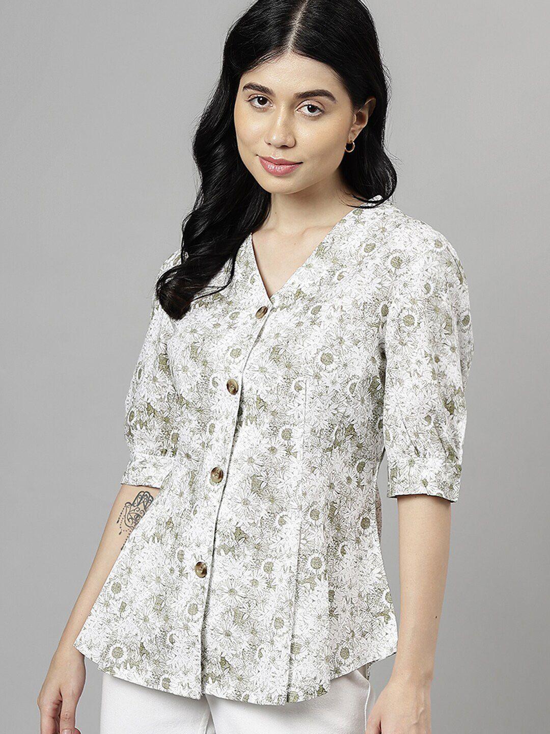 hancock floral printed v-neck puff sleeve pleated cotton regular top