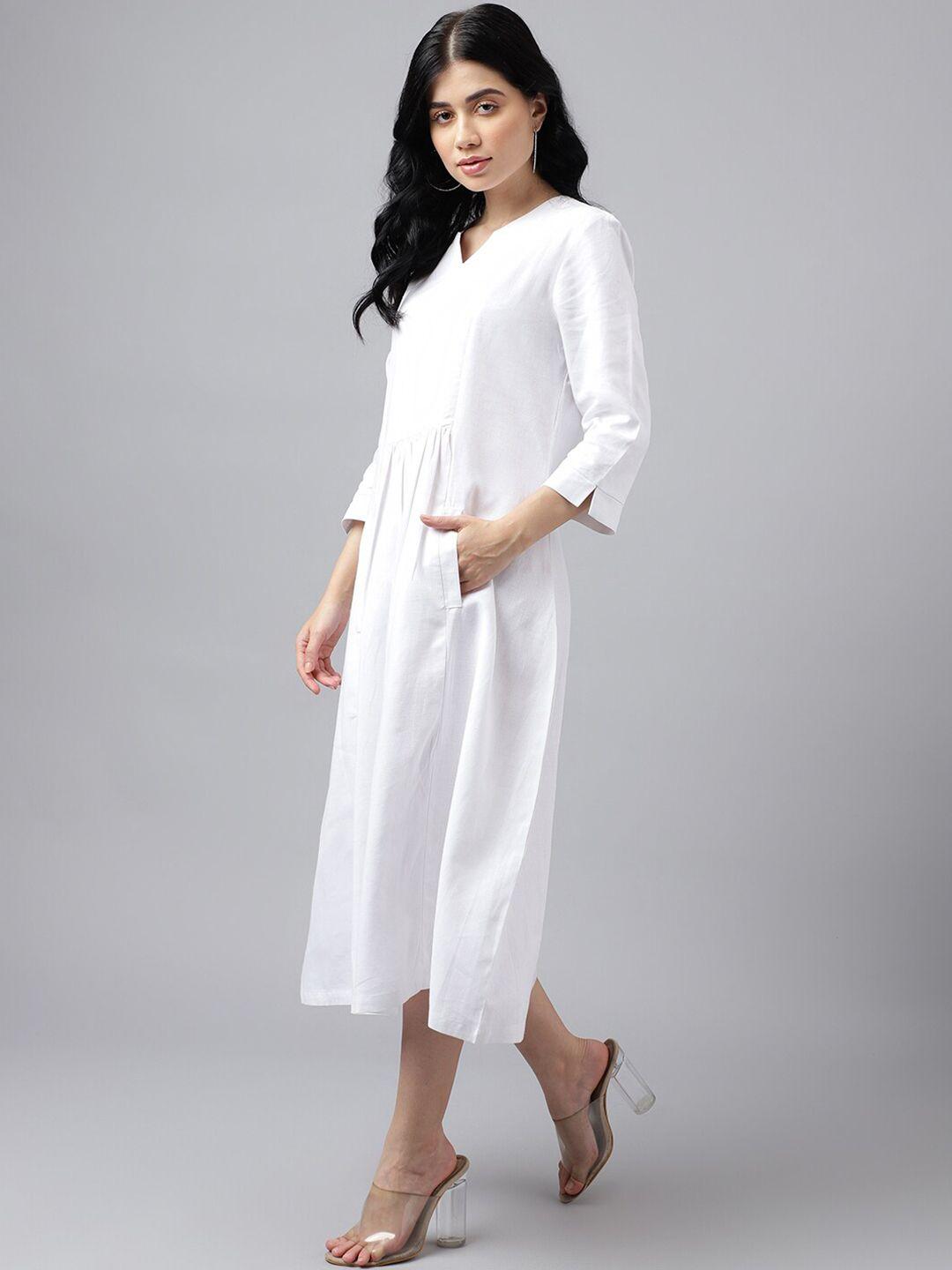 hancock gathered detailed round neck linen a-line dress