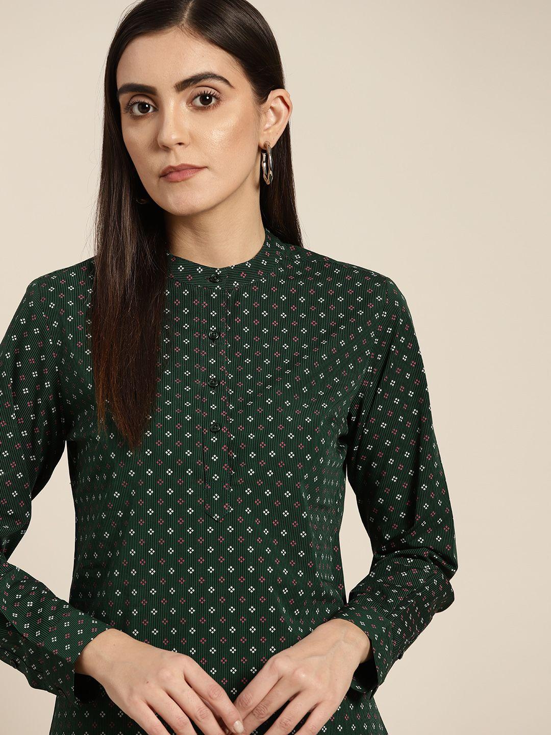 hancock green & black geometric print mandarin collar shirt style top