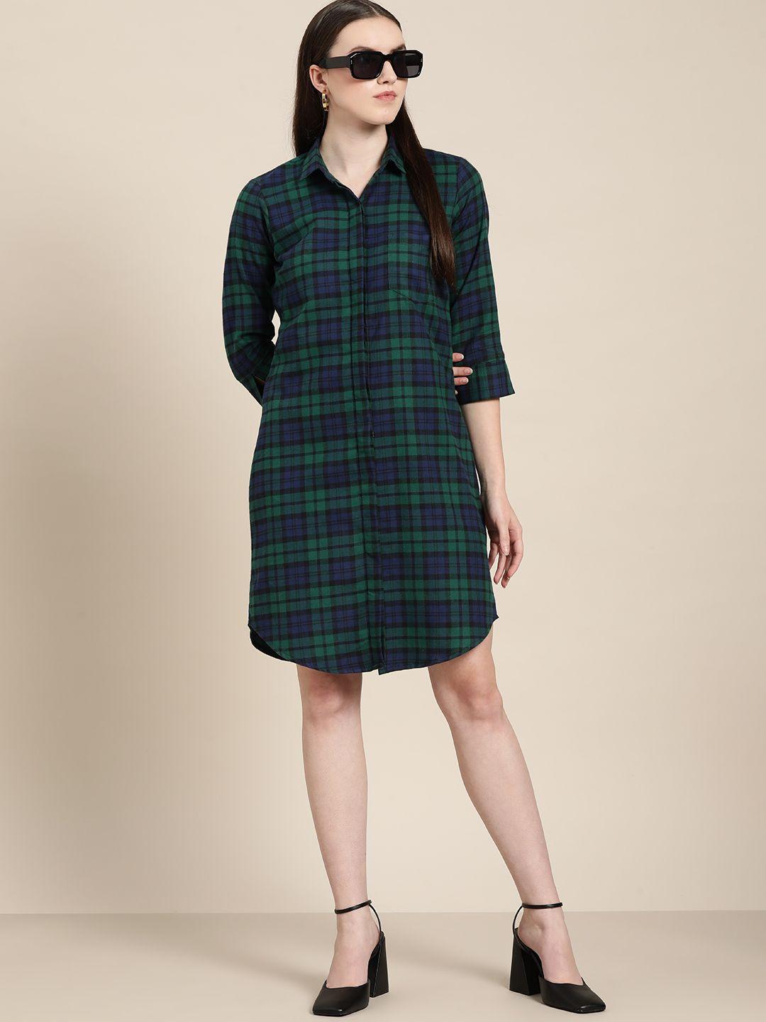 hancock green & blue checked knee length formal shirt dress