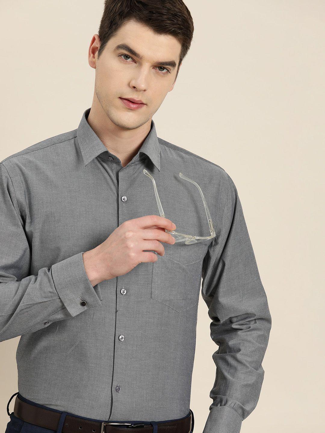 hancock grey self design slim fit formal shirt