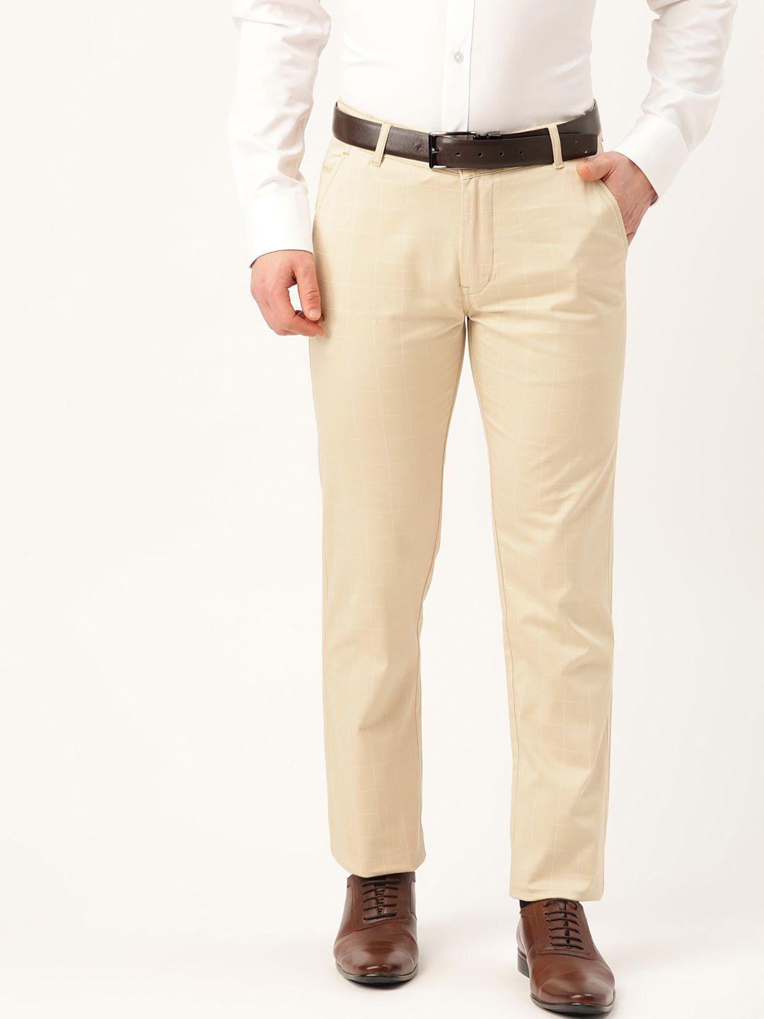 hancock men beige & white original slim fit checked formal trousers