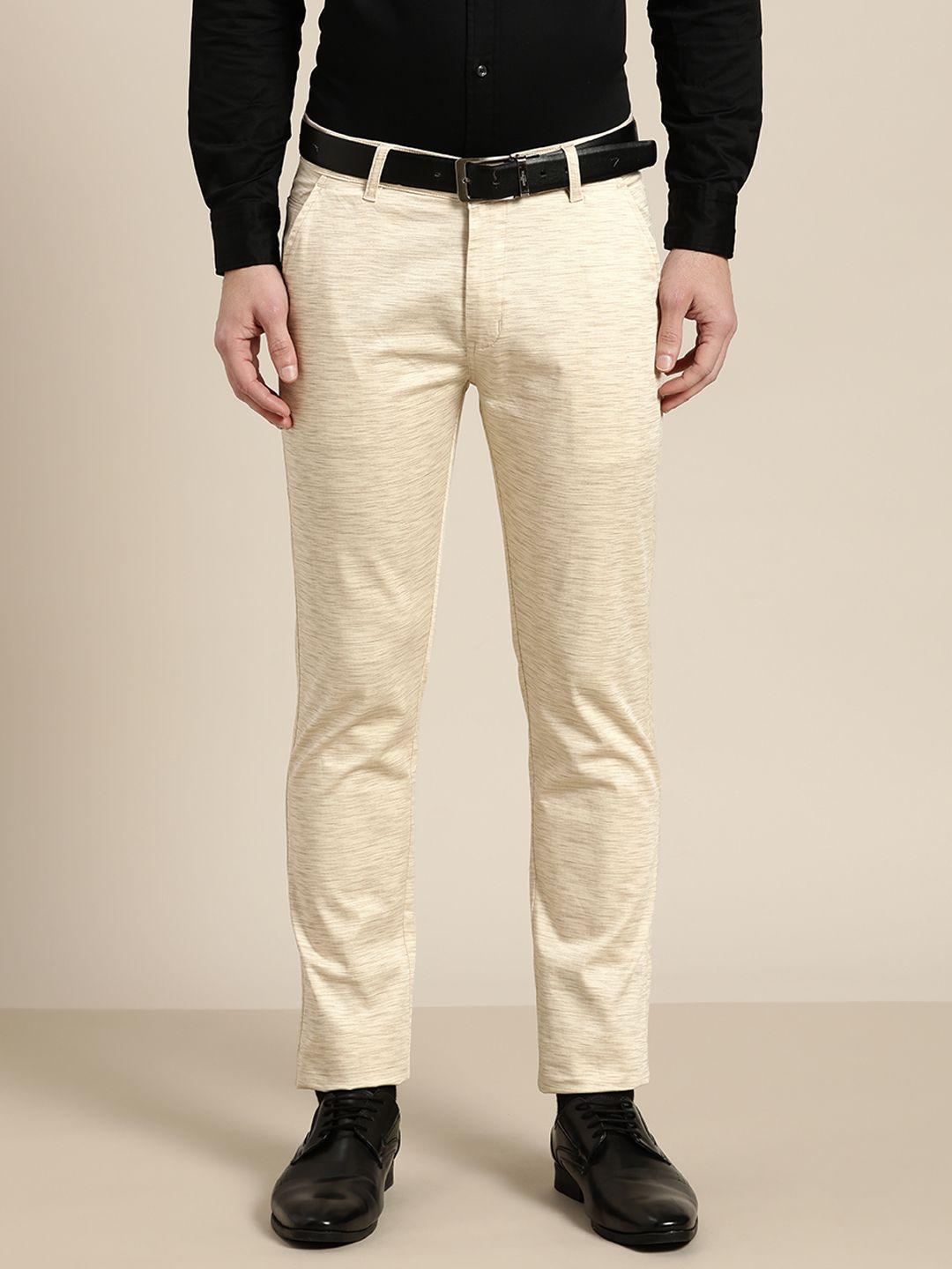 hancock men beige self-design slim fit easy wash cotton formal trousers