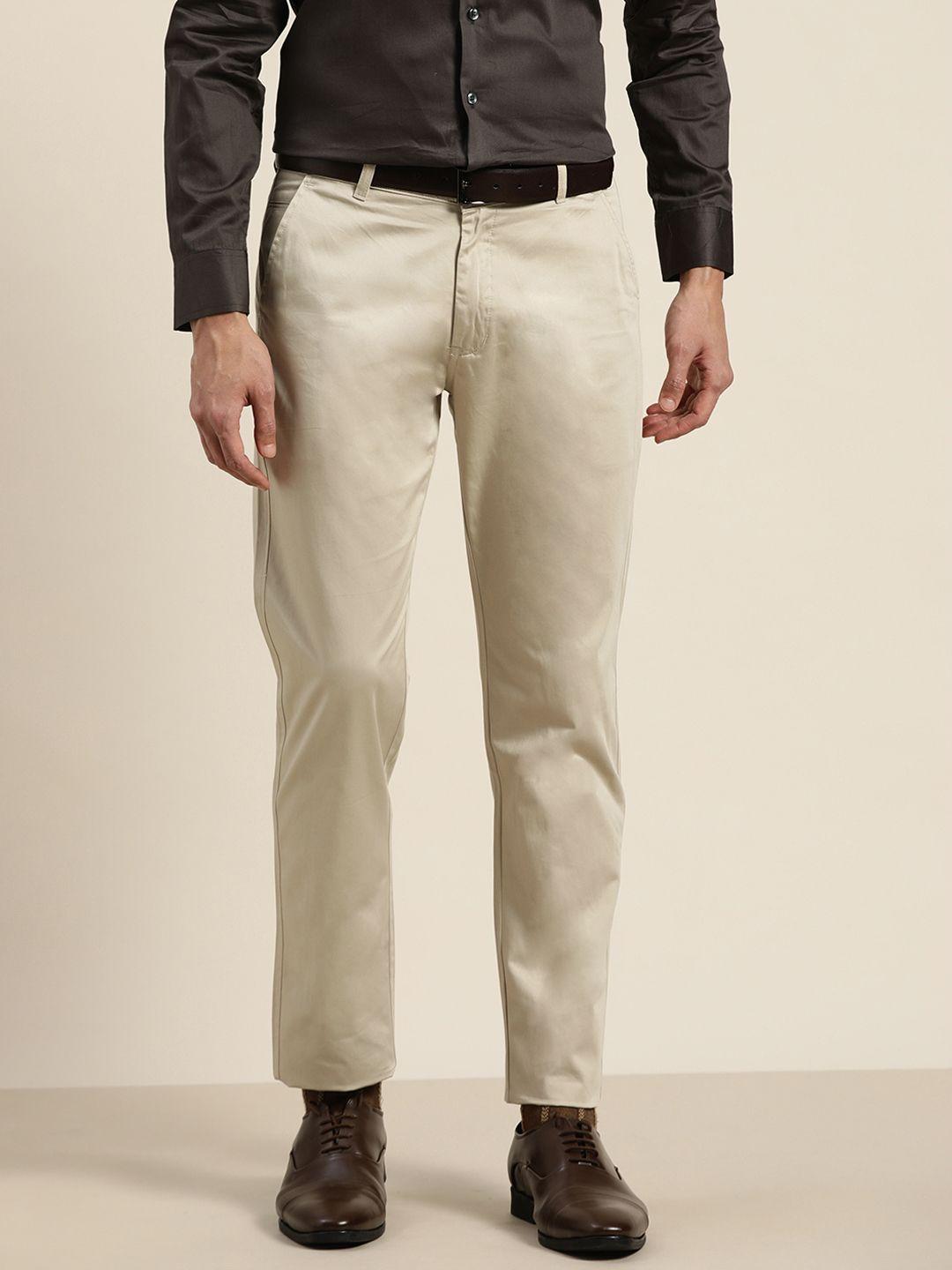 hancock men beige slim fit formal trousers