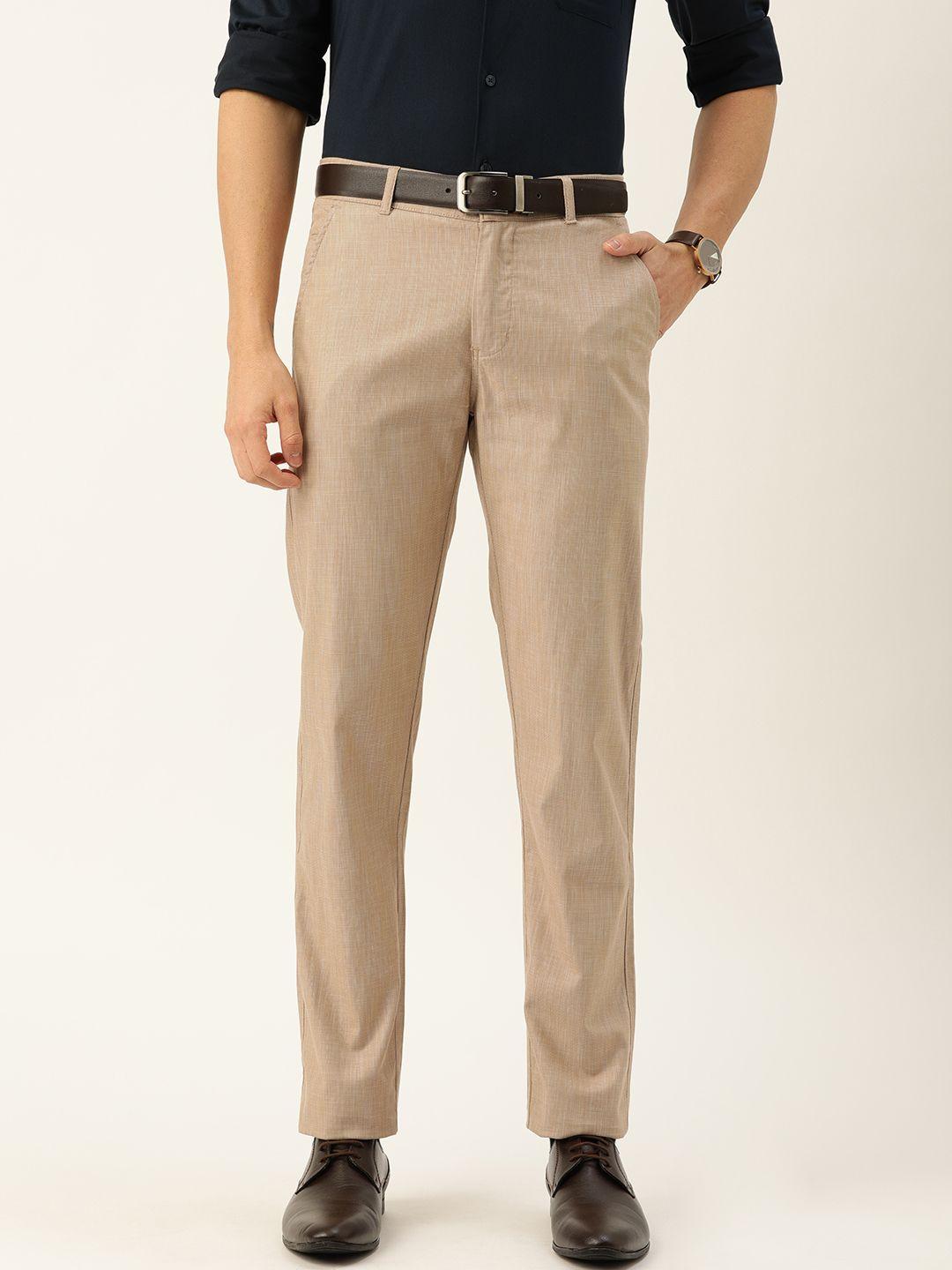 hancock men beige slim fit solid formal trousers