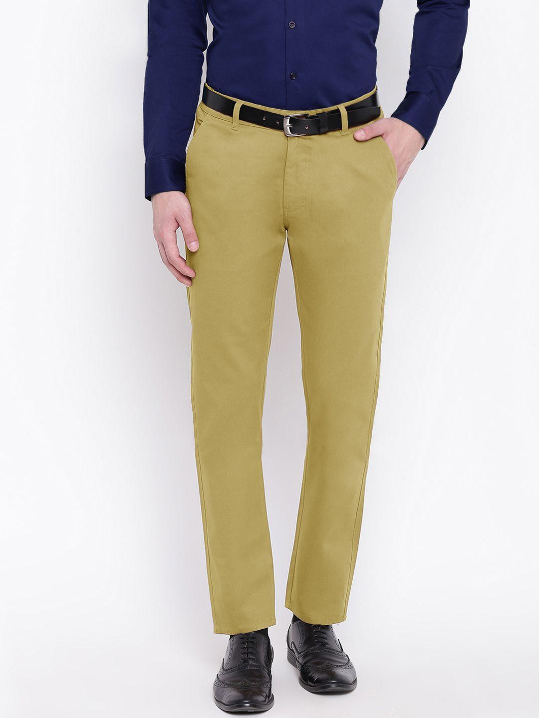 hancock men beige slim fit solid regular trousers