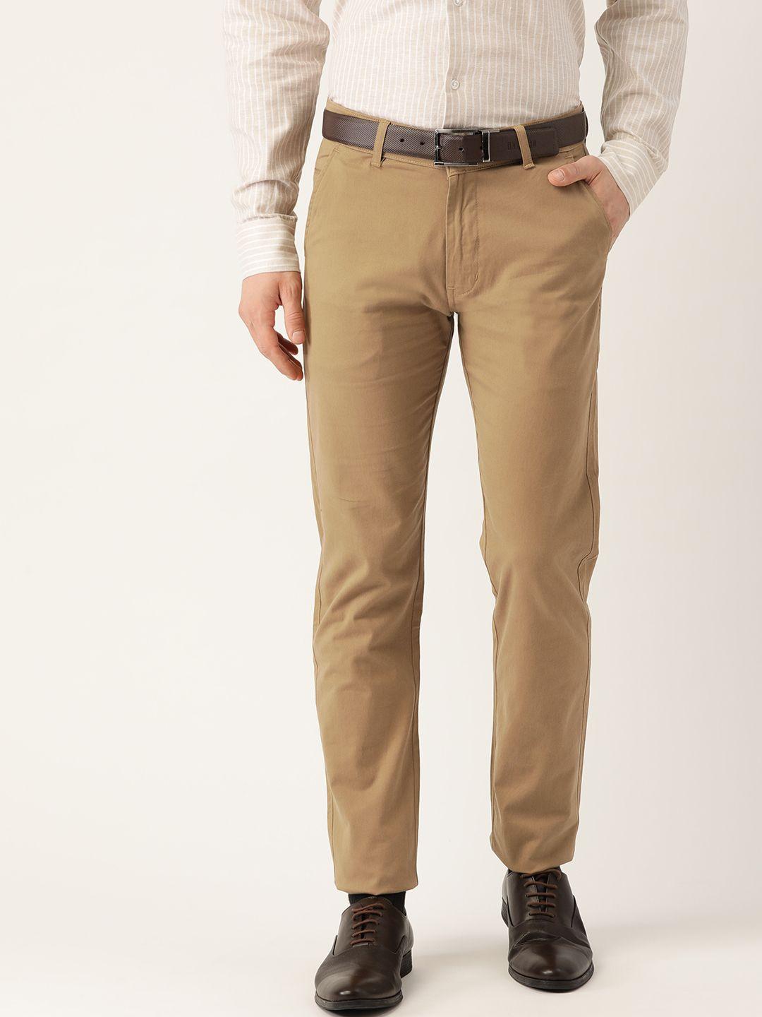 hancock men beige solid slim fit formal trousers