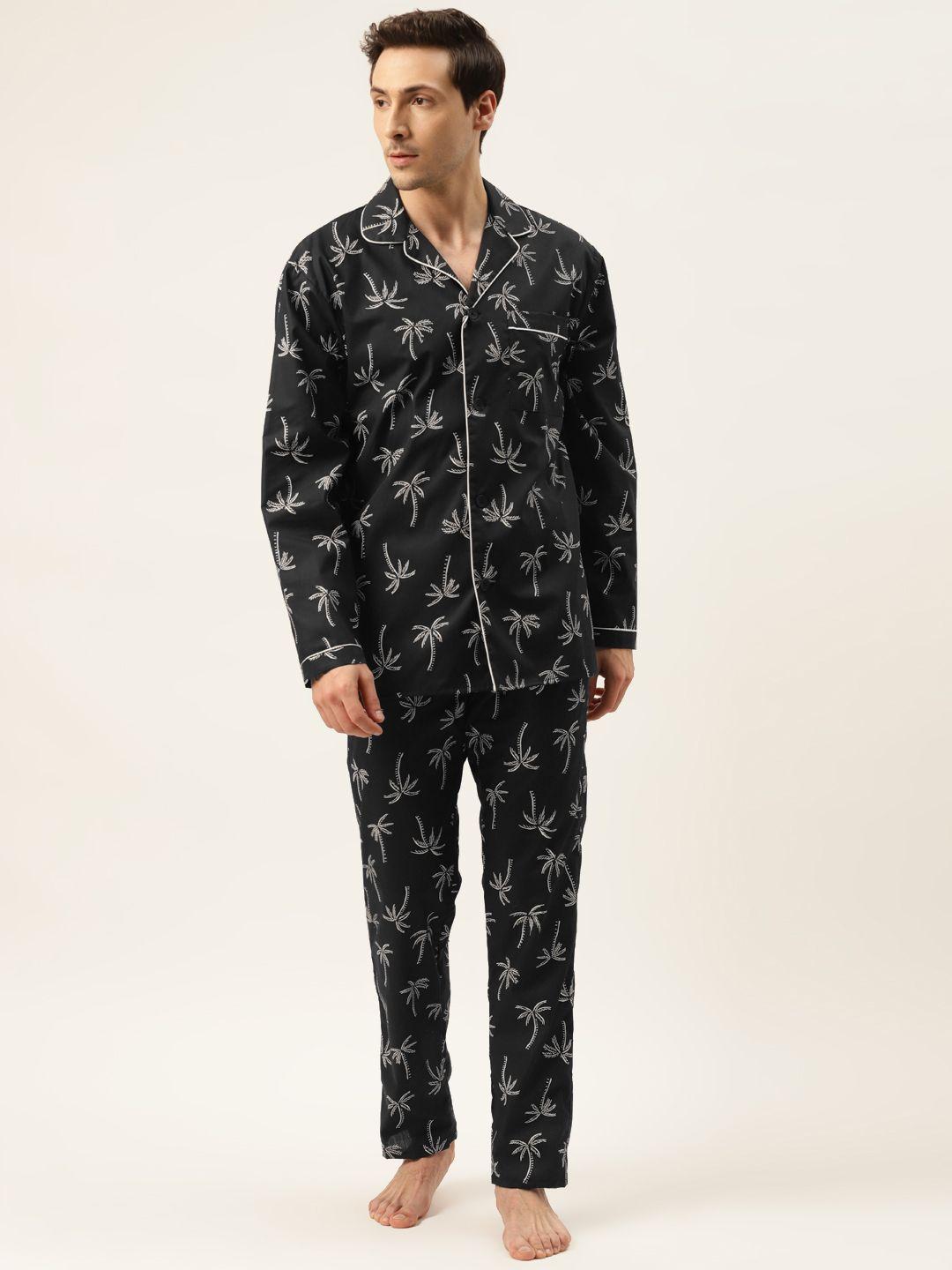 hancock men black & white tropical printed pure cotton night suit