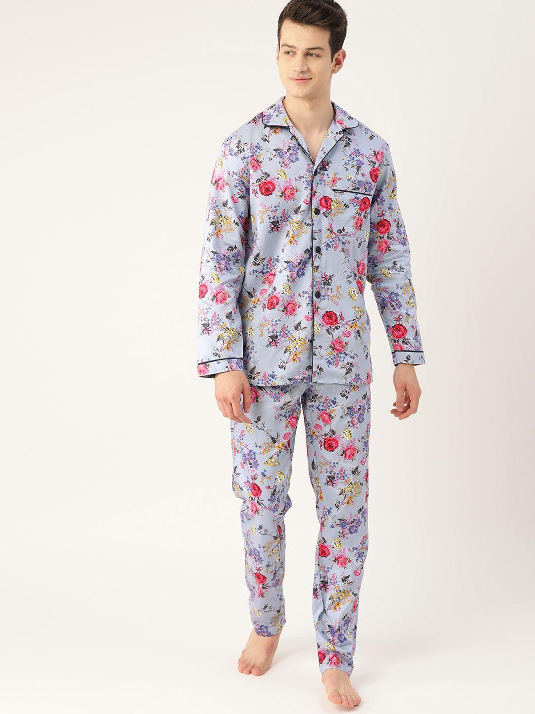 hancock men blue & pink pure cotton floral print nightsuit