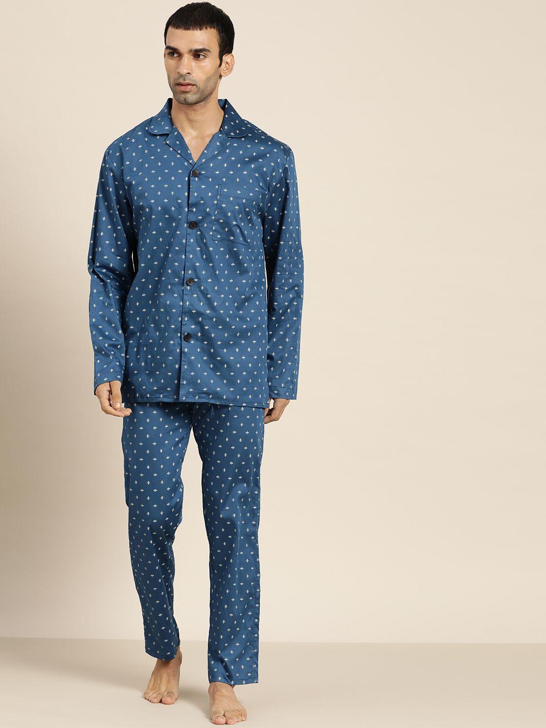 hancock men blue & white printed pure cotton pyjama sets