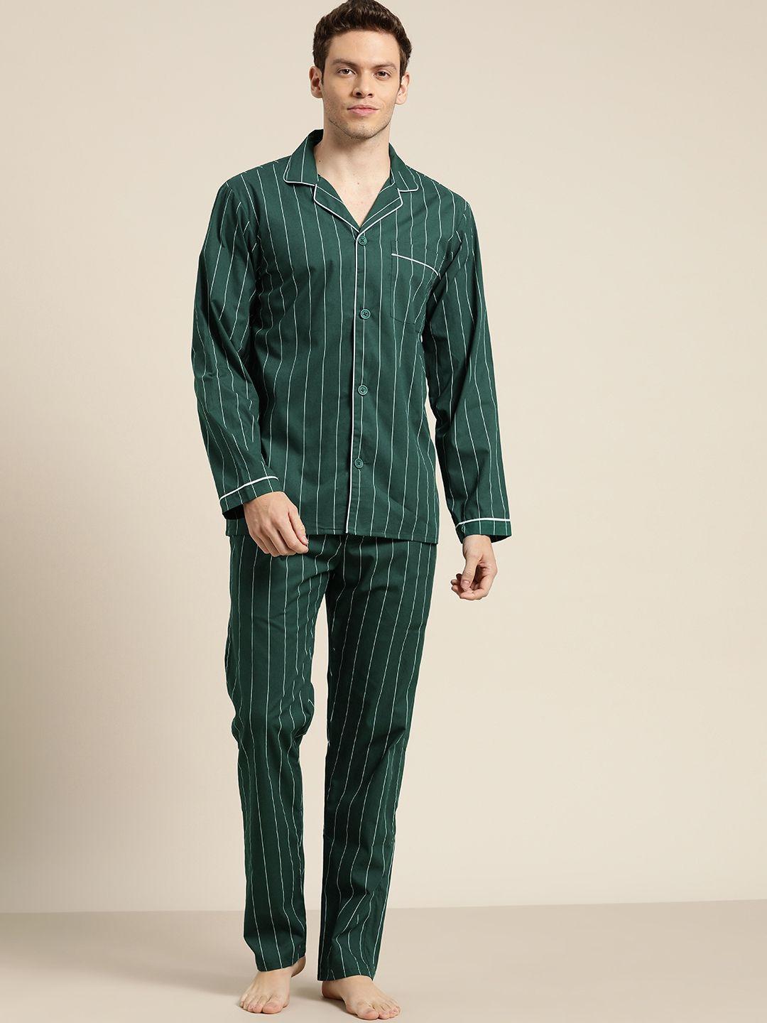 hancock men bottle green pure cotton striped pyjama set