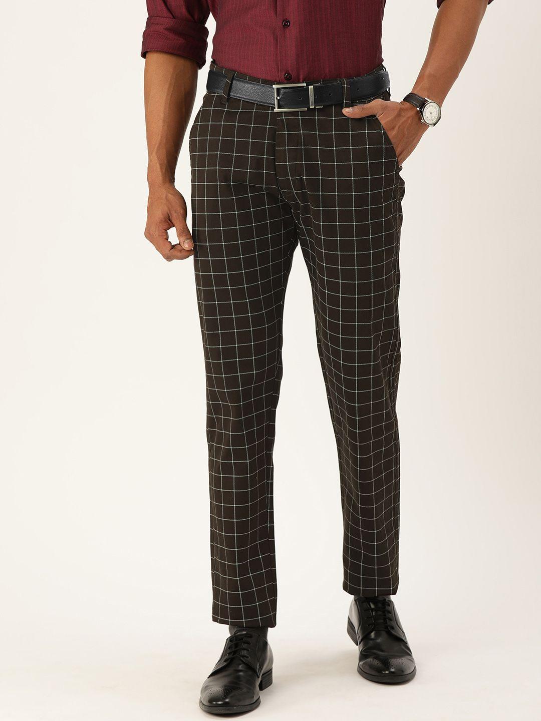 hancock men brown & white slim fit checked formal trousers