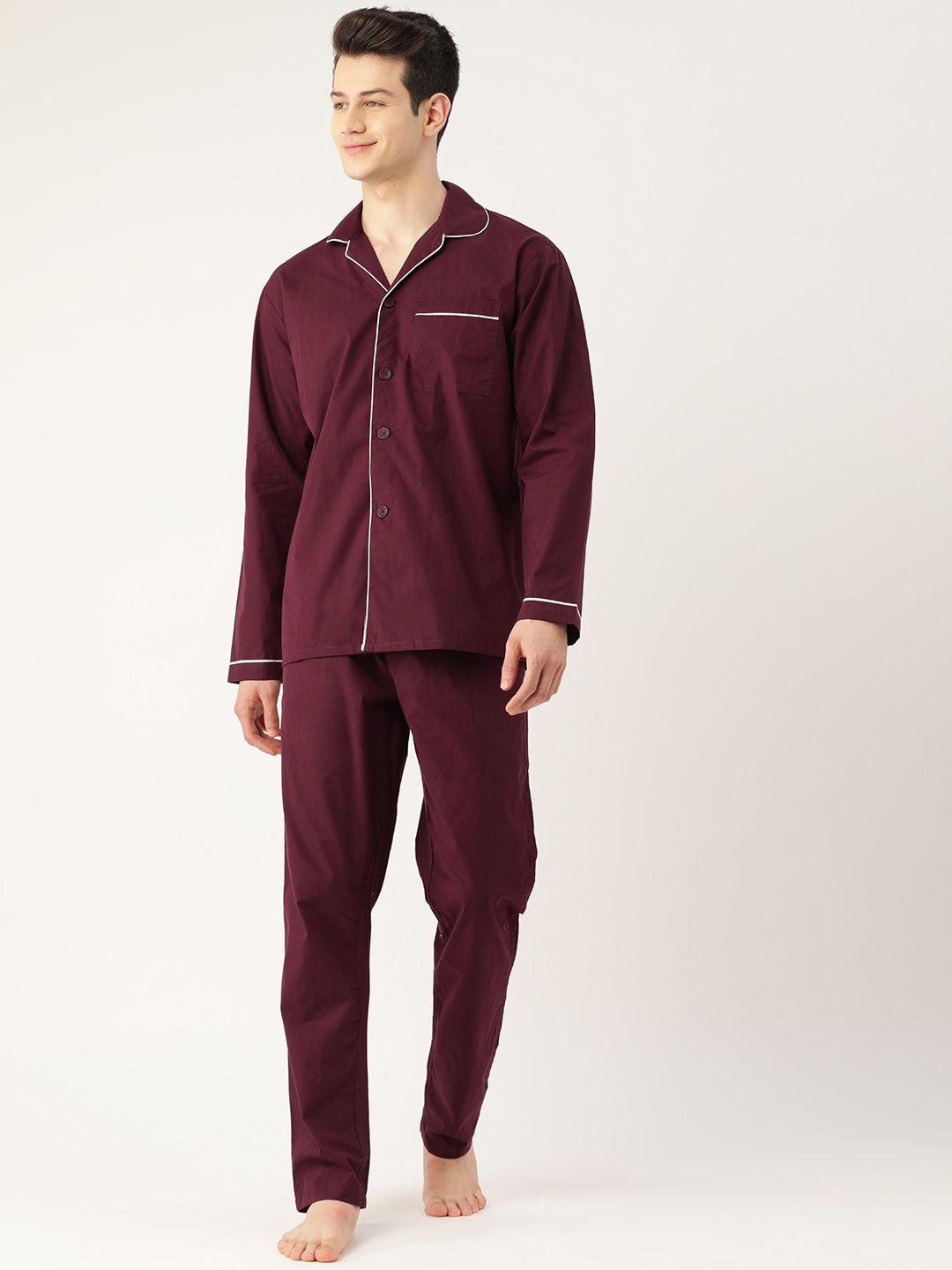 hancock men burgundy pure cotton solid nightsuit