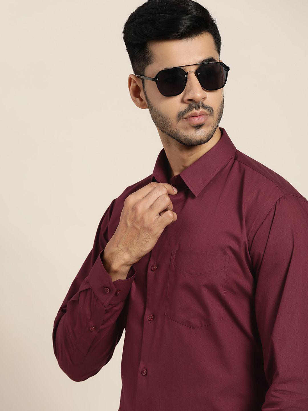 hancock men burgundy solid slim fit pure cotton formal shirt