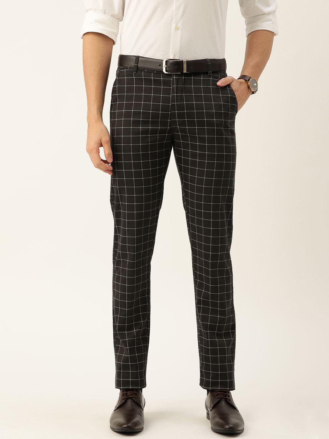 hancock men charcoal grey & white slim fit checked formal trousers