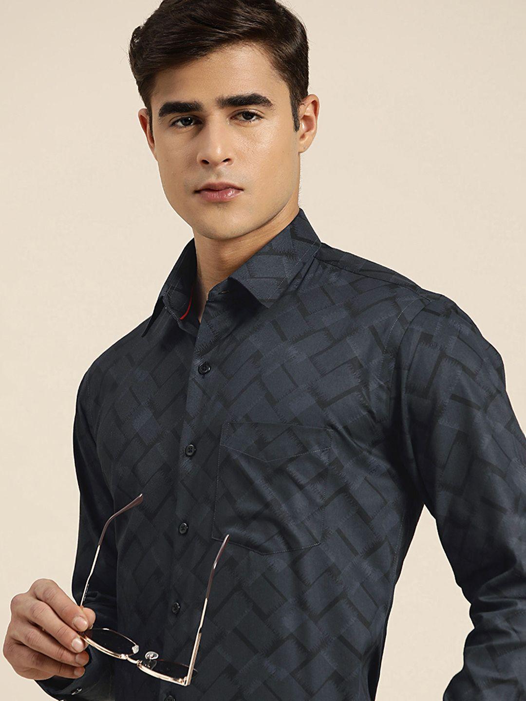 hancock men club geometrical printed cotton satin slim fit party shirt