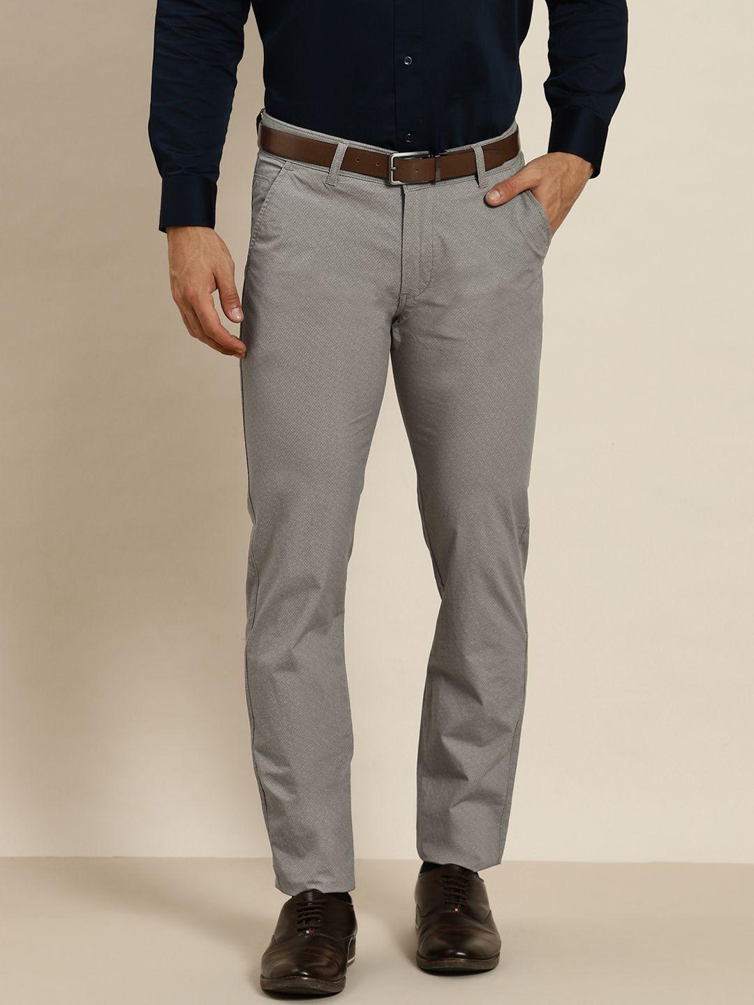 hancock men grey self design slim fit pure cotton formal trousers