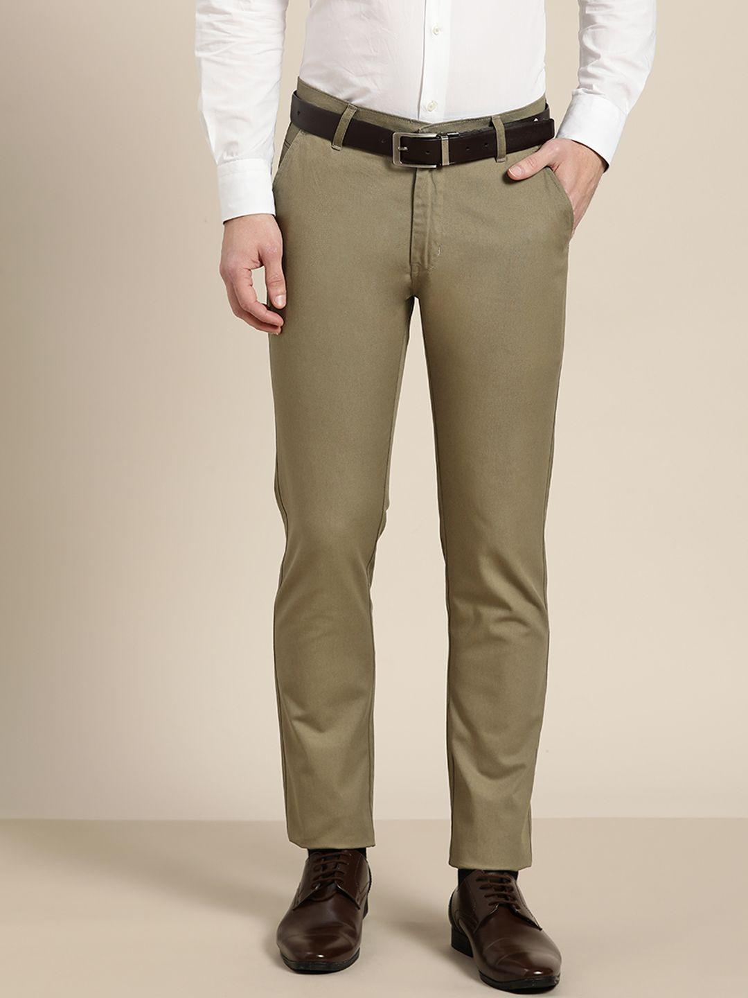 hancock men khaki self-design slim fit cotton formal trousers