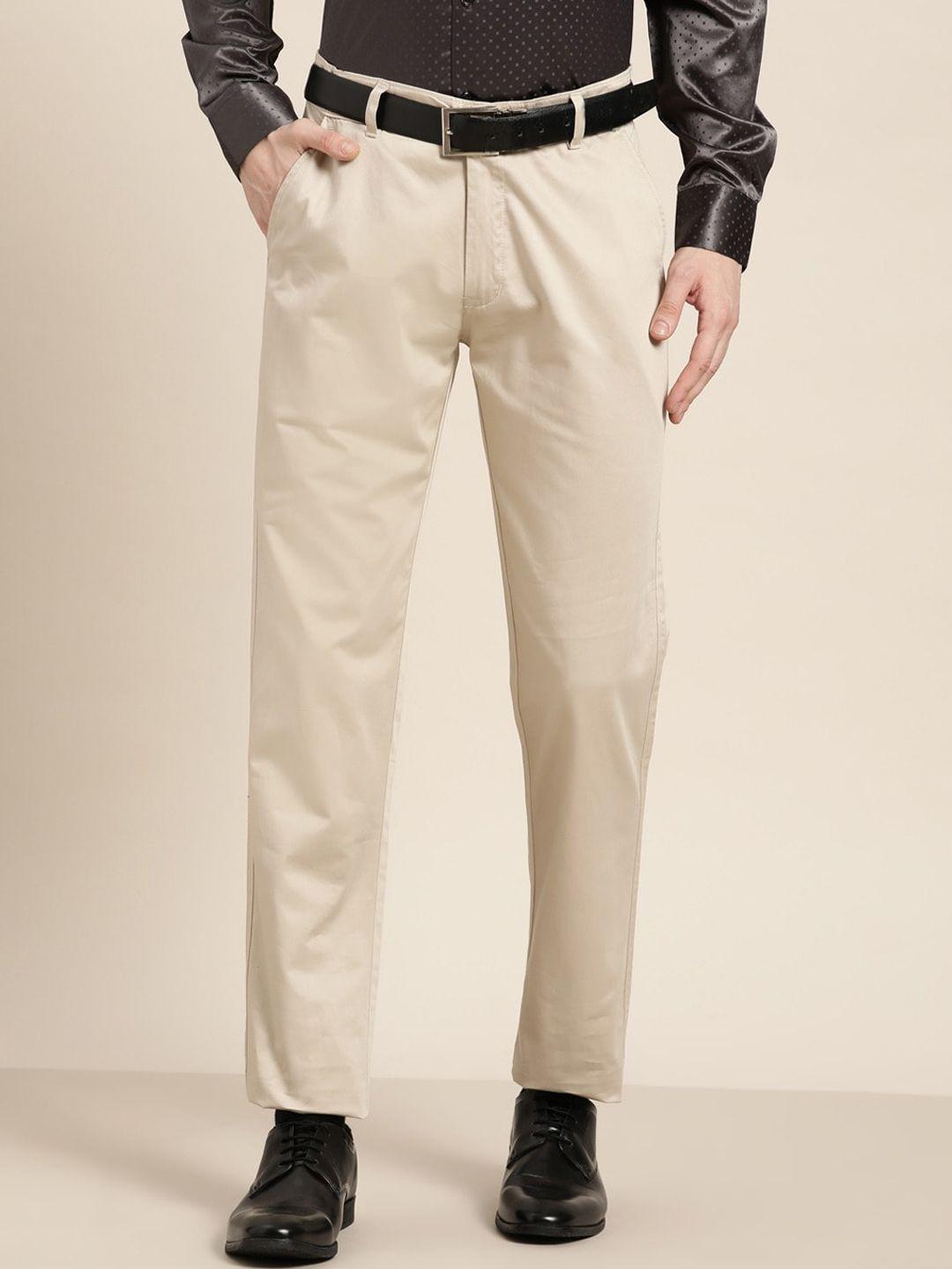 hancock men light beige slim fit pure cotton formal trousers