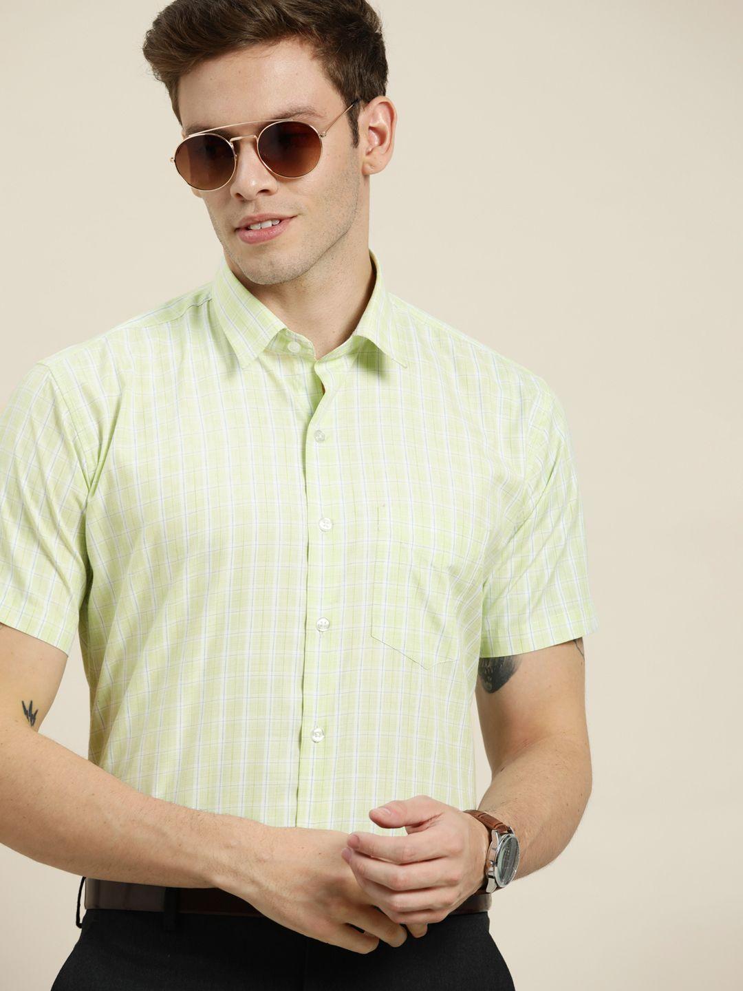 hancock men lime green & white slim fit checked formal shirt