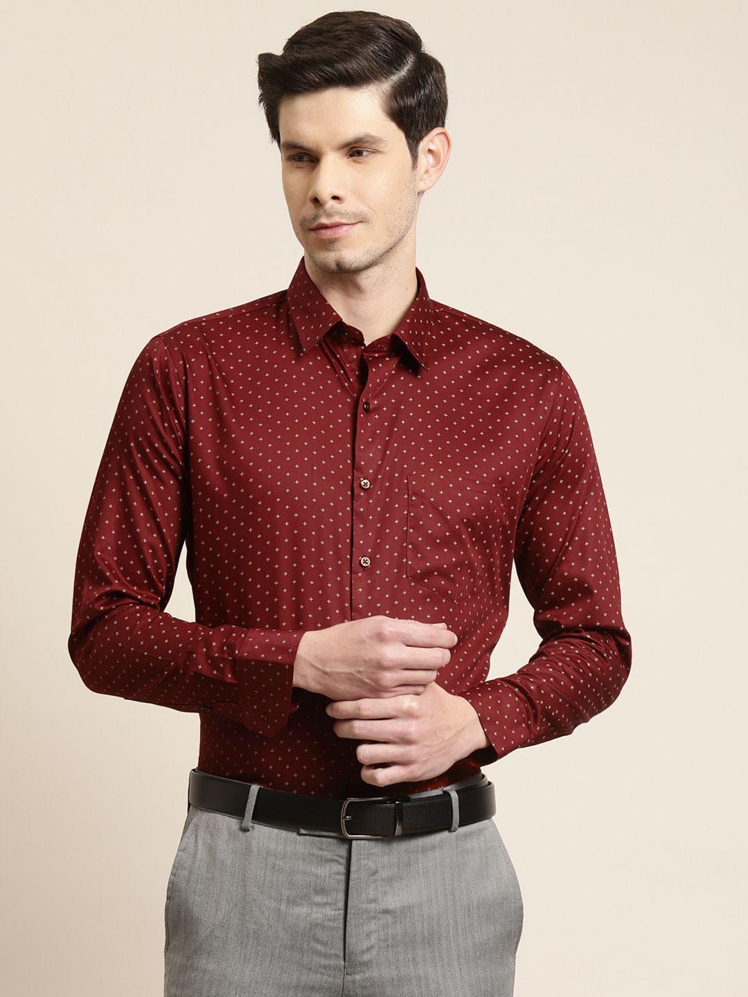 hancock men maroon pure cotton slim fit printed formal shirt
