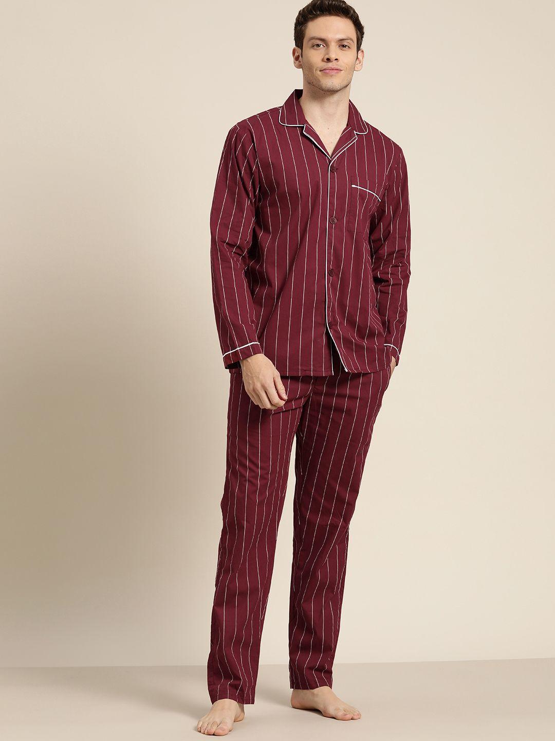 hancock men maroon pure cotton striped pyjama set