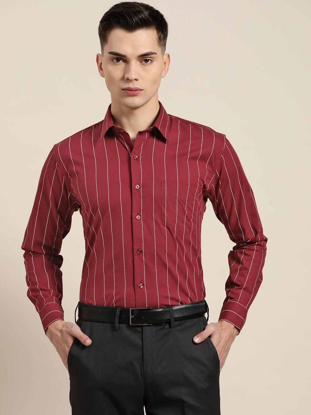 hancock men maroon slim fit striped formal shirt