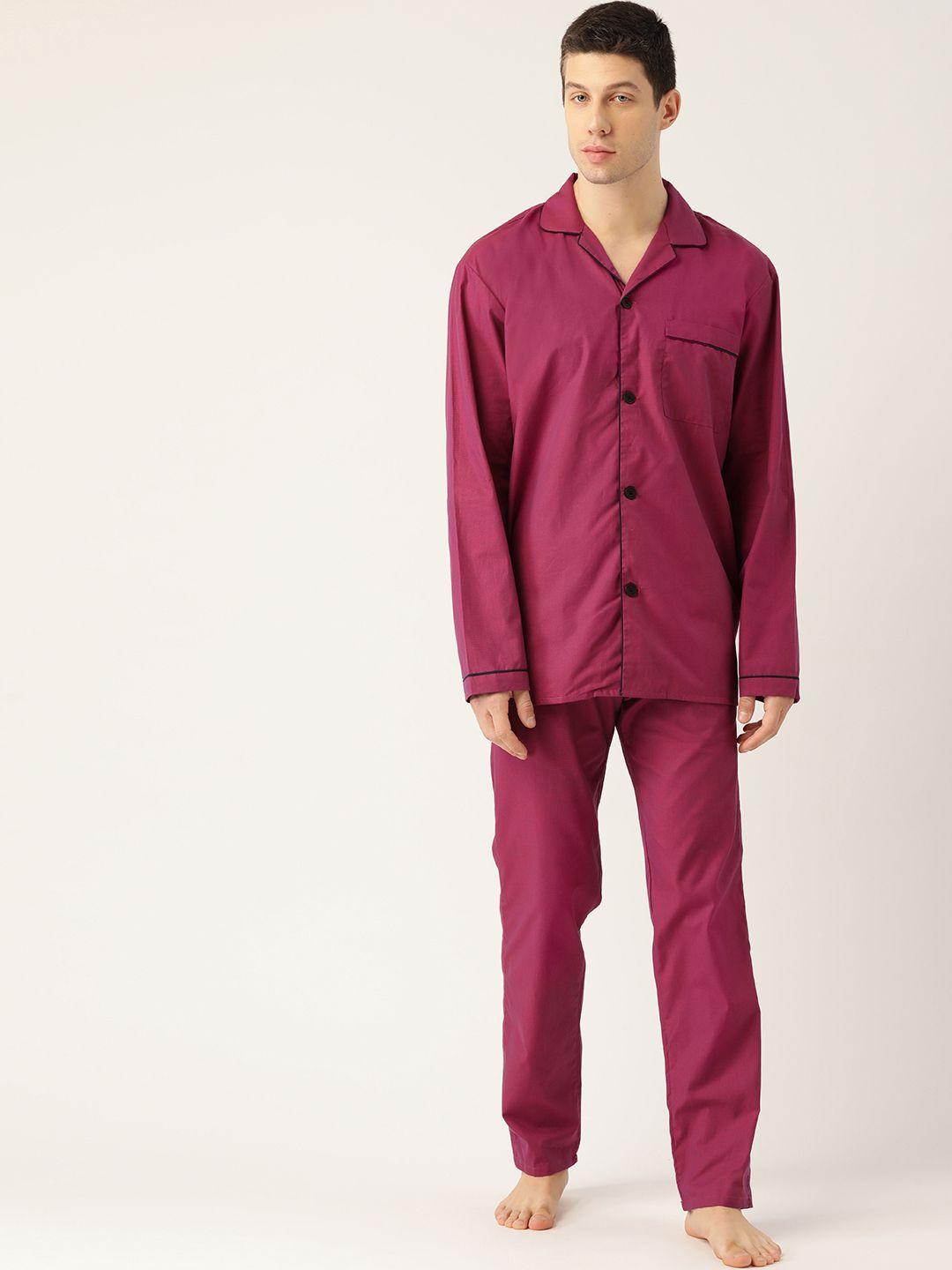 hancock men maroon solid pure cotton night suit