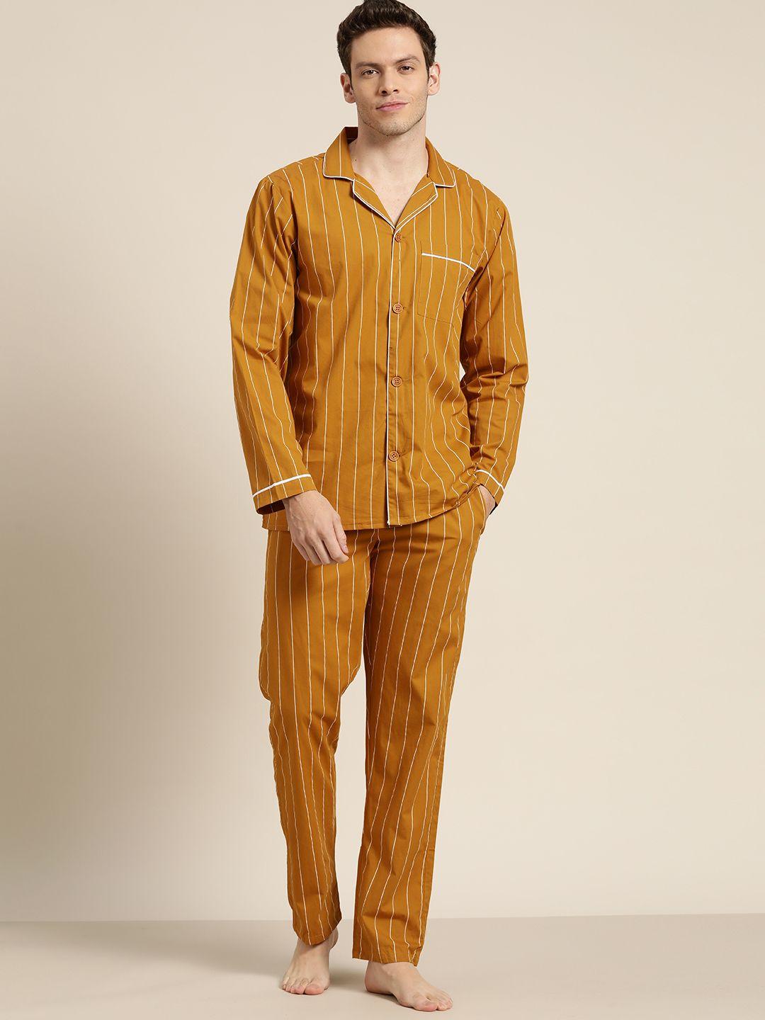 hancock men mustard yellow pure cotton striped pyjama set
