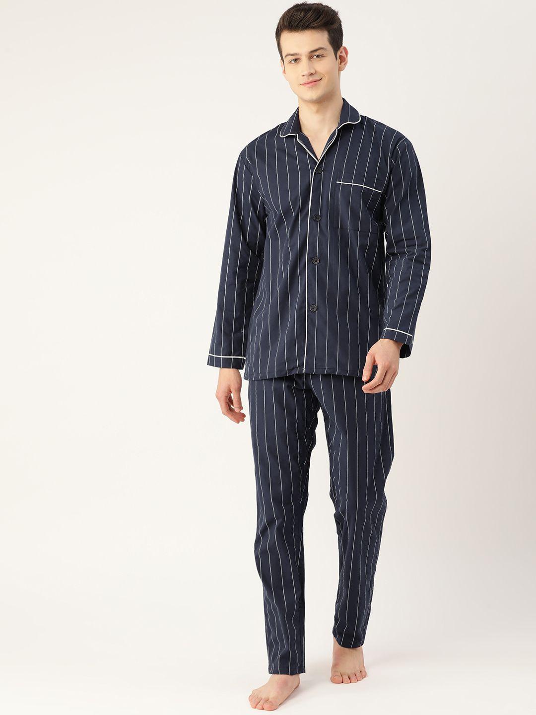 hancock men navy blue & white pure cotton striped nightsuit