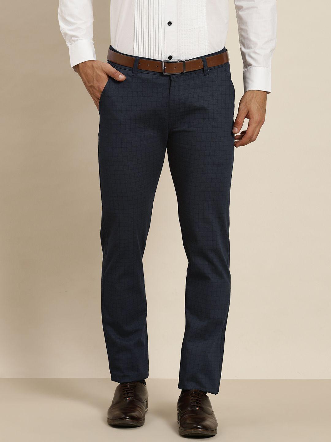 hancock men navy blue checked slim fit pure cotton formal trousers