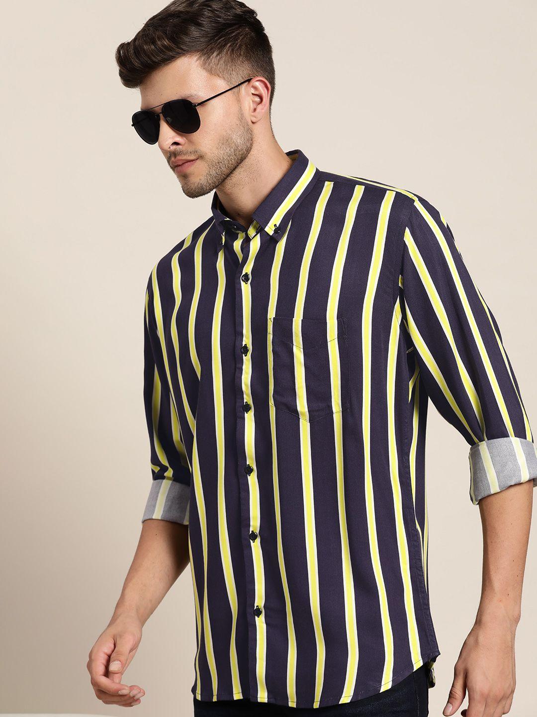 hancock men navy blue slim fit striped casual shirt