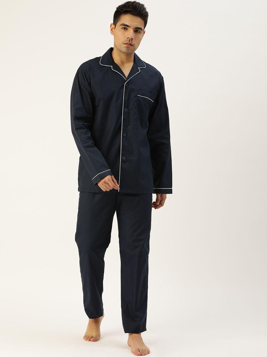 hancock men navy blue solid night suit