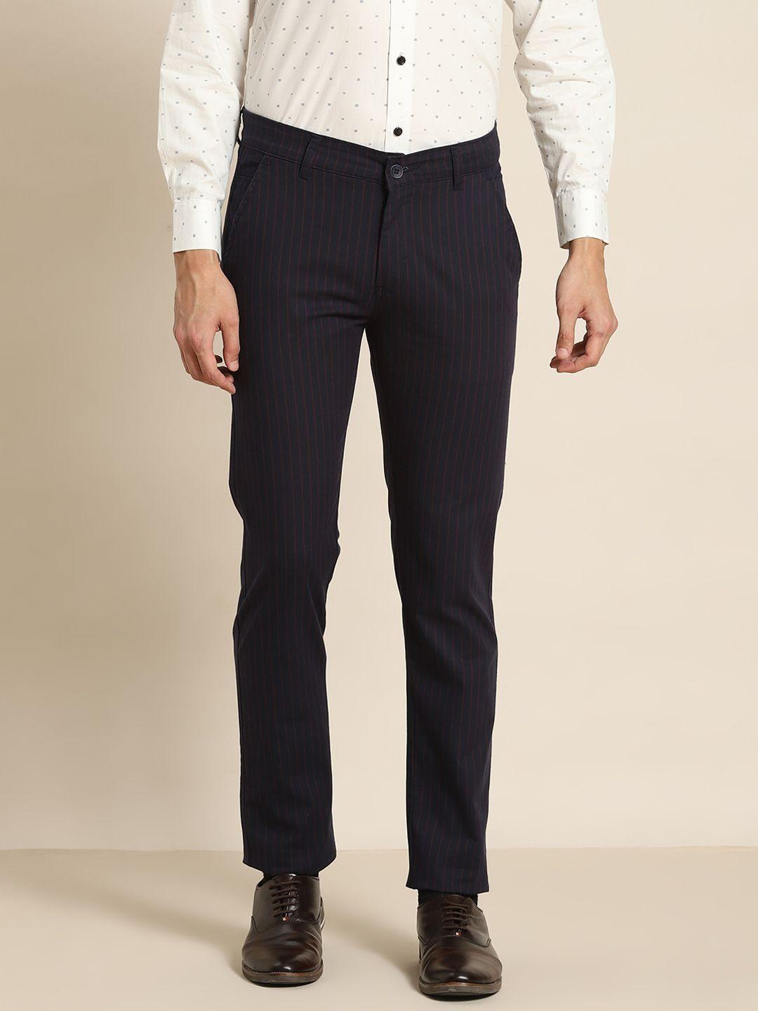 hancock men navy blue striped slim fit formal trousers