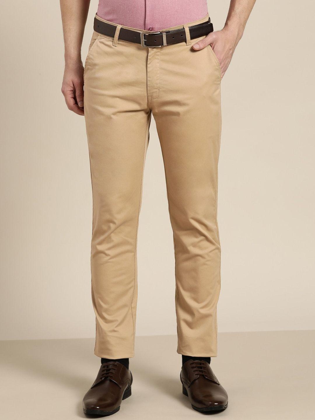 hancock men new beige solid slim fit pure cotton formal trousers