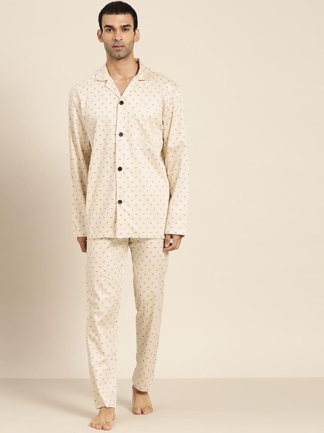 hancock men off-white printed pure cotton pyjama sets