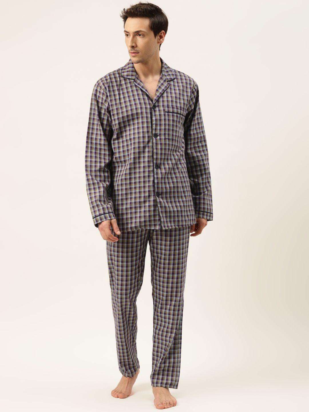 hancock men purple & grey checked pure cotton night suit