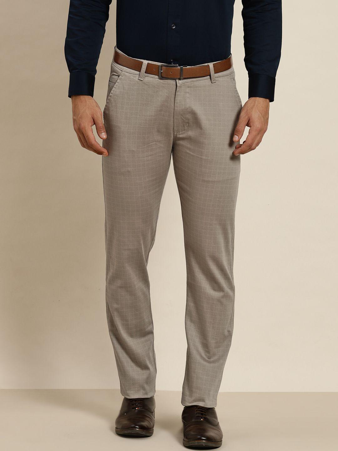 hancock men taupe checked slim fit pure cotton formal trousers