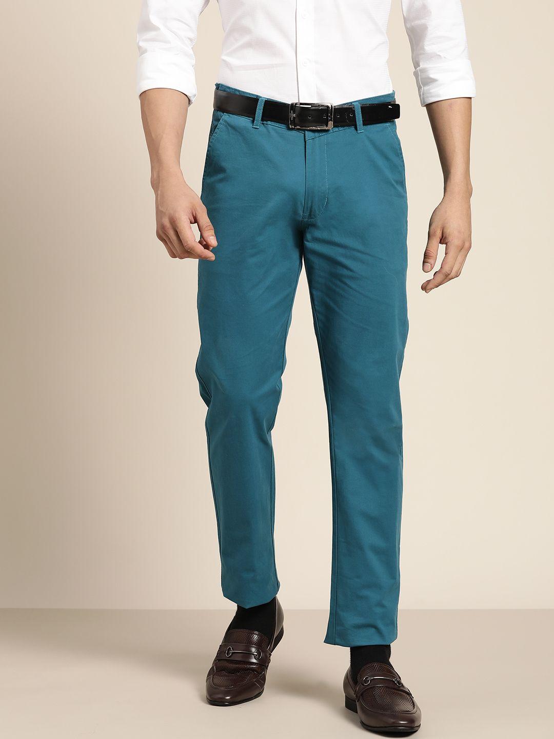 hancock men teal blue slim fit cotton trousers