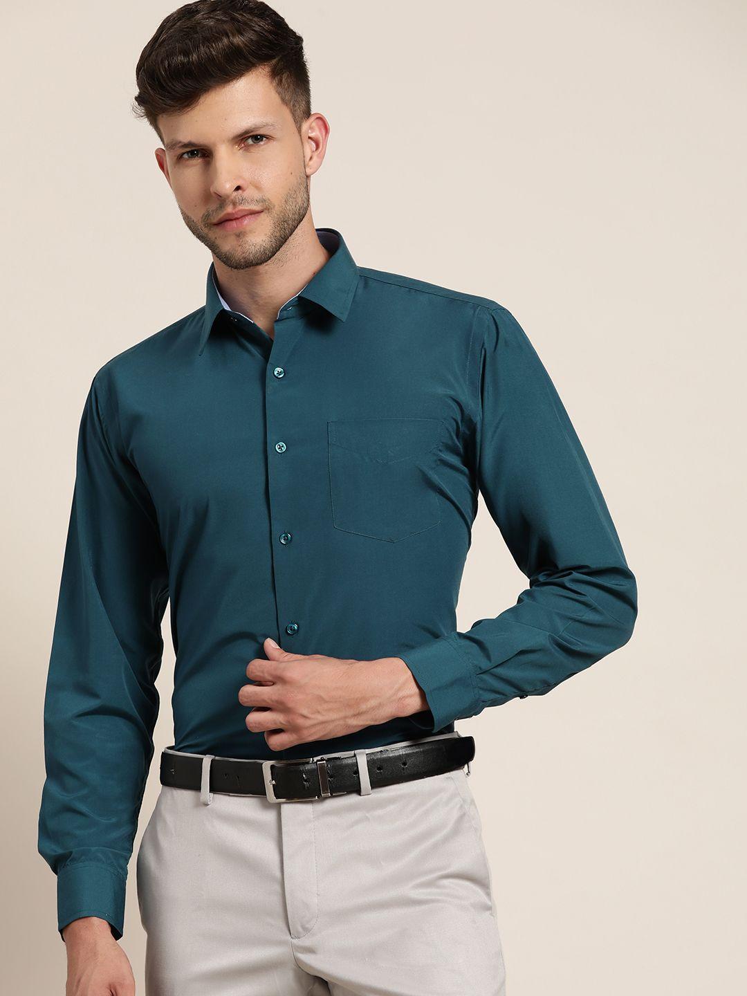 hancock men teal blue slim fit solid formal shirt