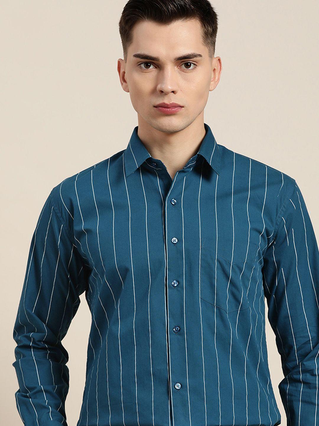 hancock men turquoise blue slim fit opaque striped formal shirt