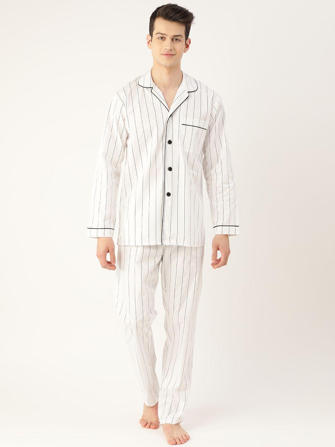 hancock men white & black pure cotton striped nightsuit