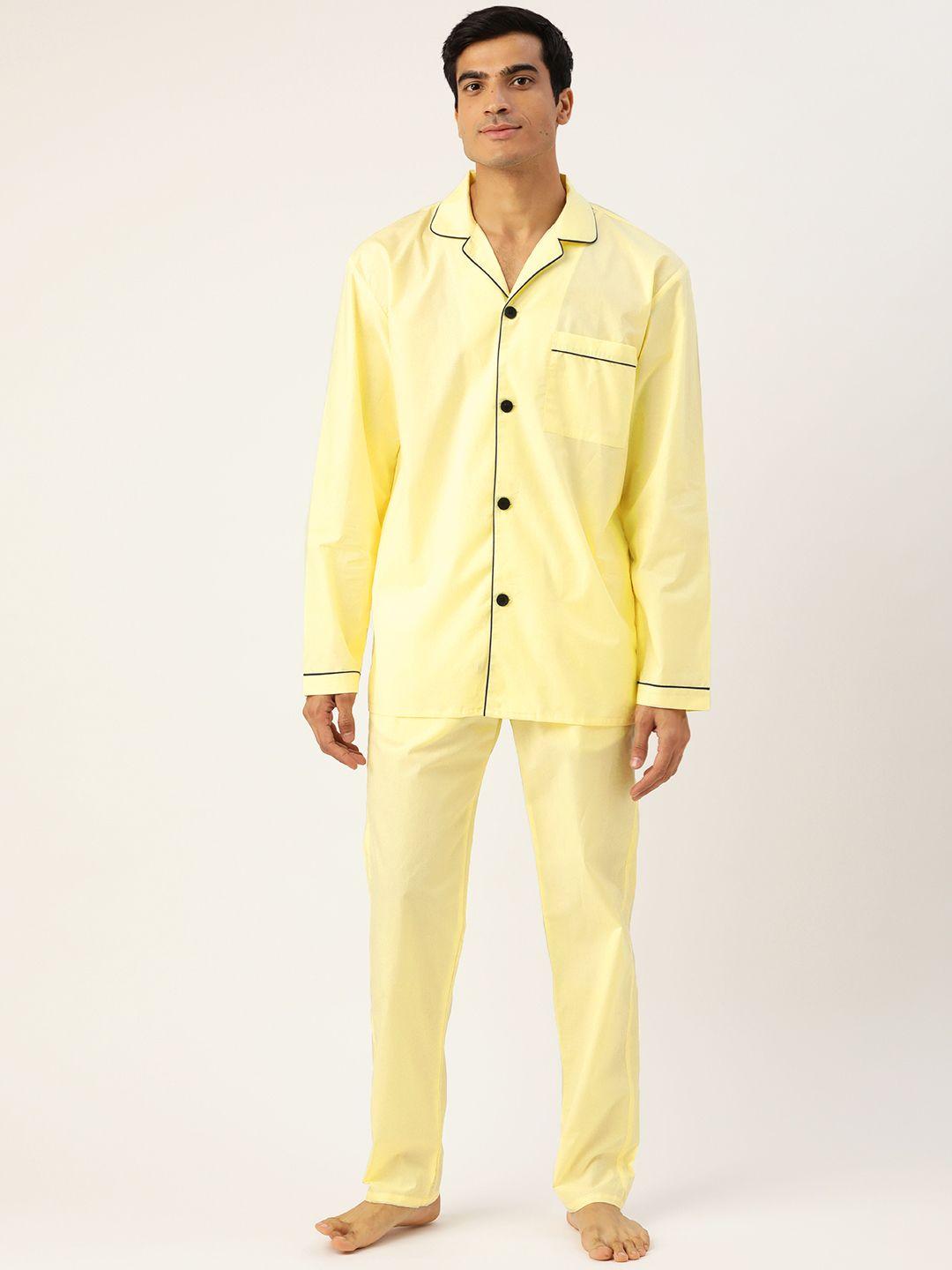 hancock men yellow pure cotton solid pyjamas set