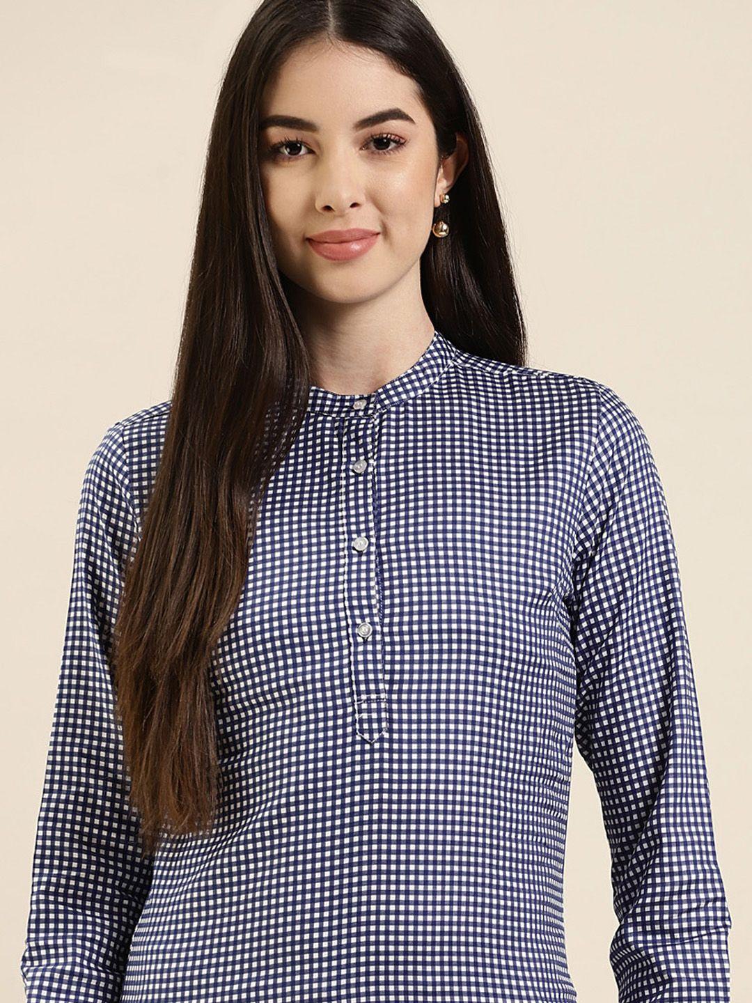 hancock navy blue & white checked mandarin collar top