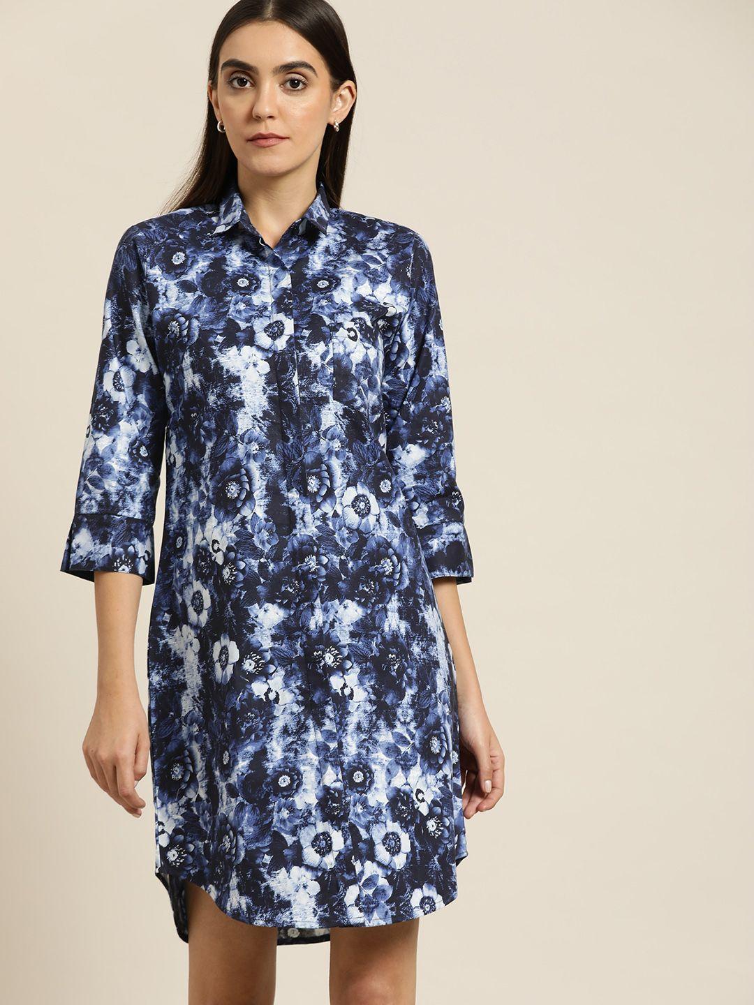 hancock navy blue & white floral formal shirt dress