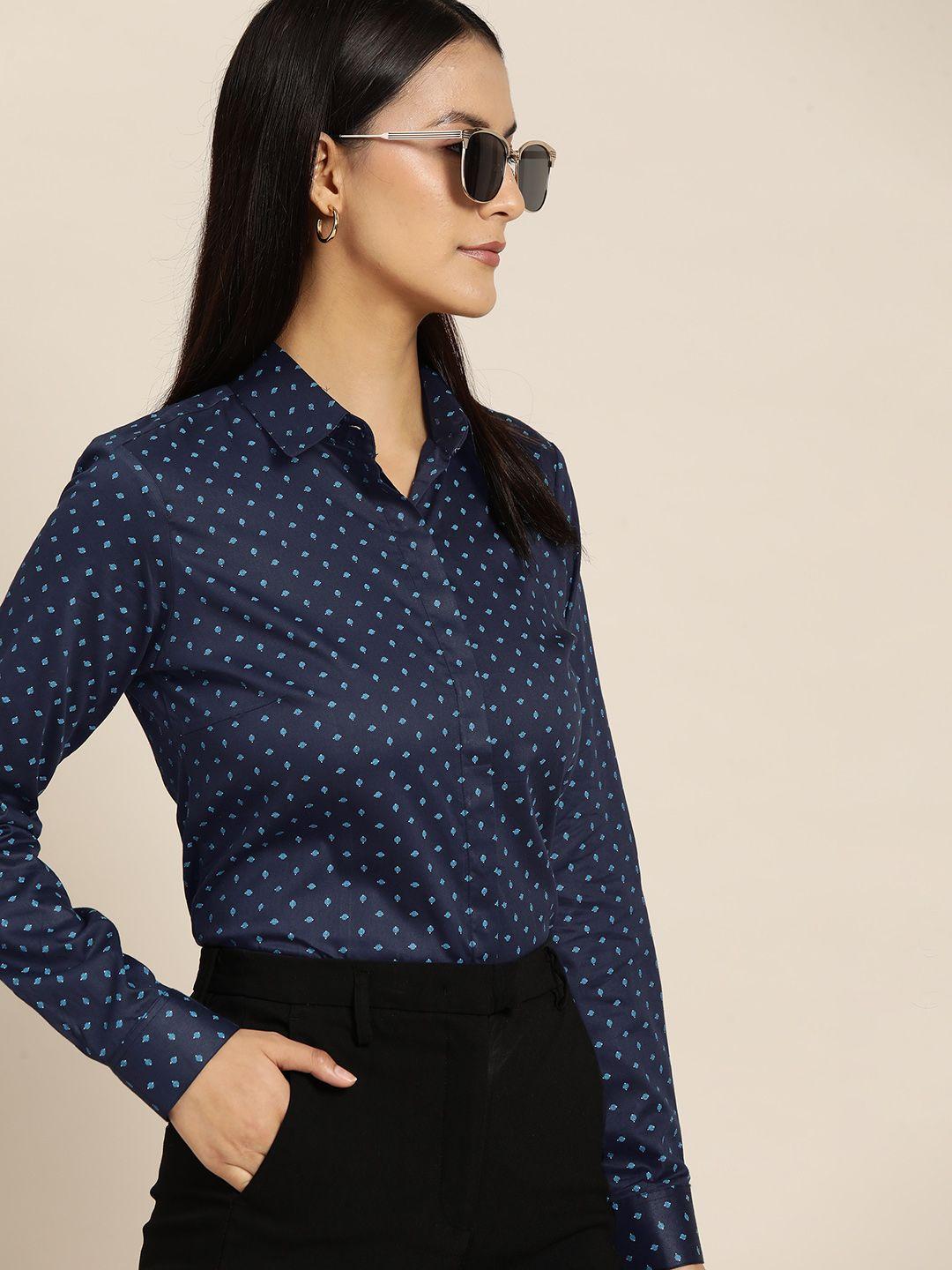 hancock navy blue ethnic motifs print regular fit formal shirt