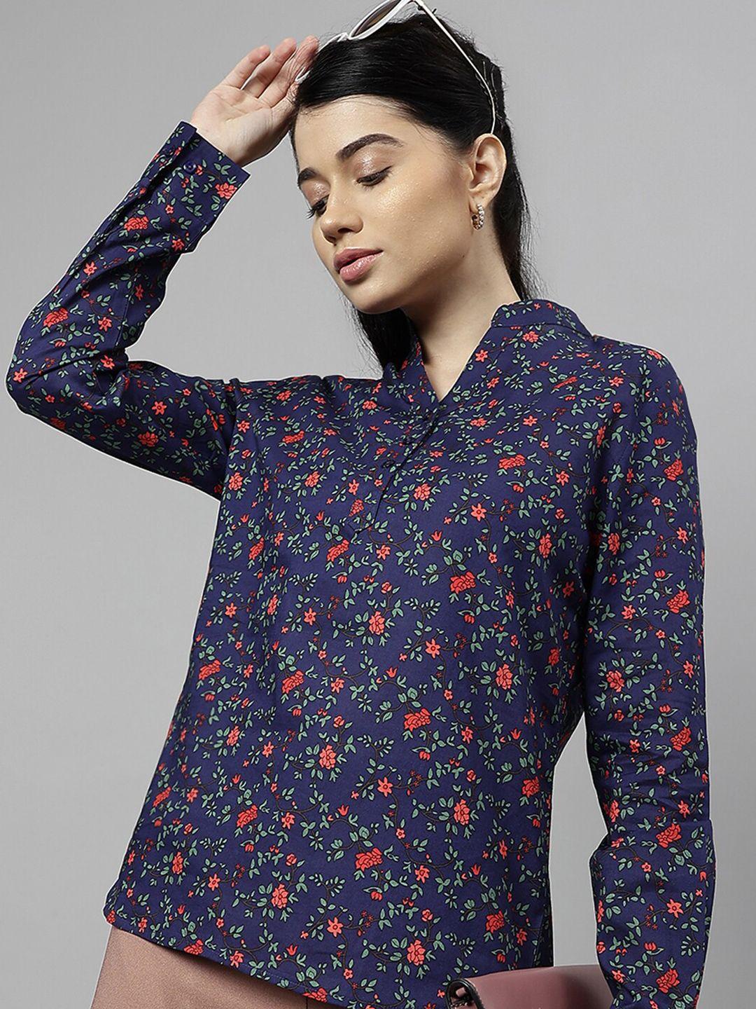 hancock navy blue floral print mandarin collar cotton top