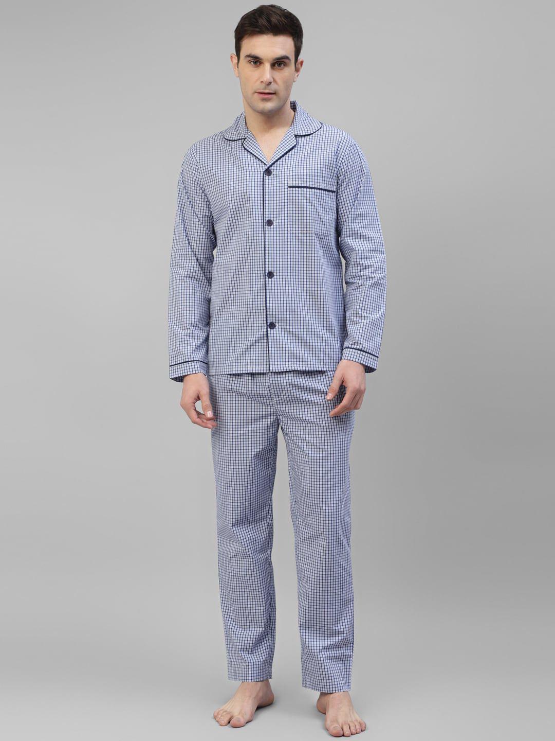 hancock relaxed fit checked lapel collar pure cotton night suit