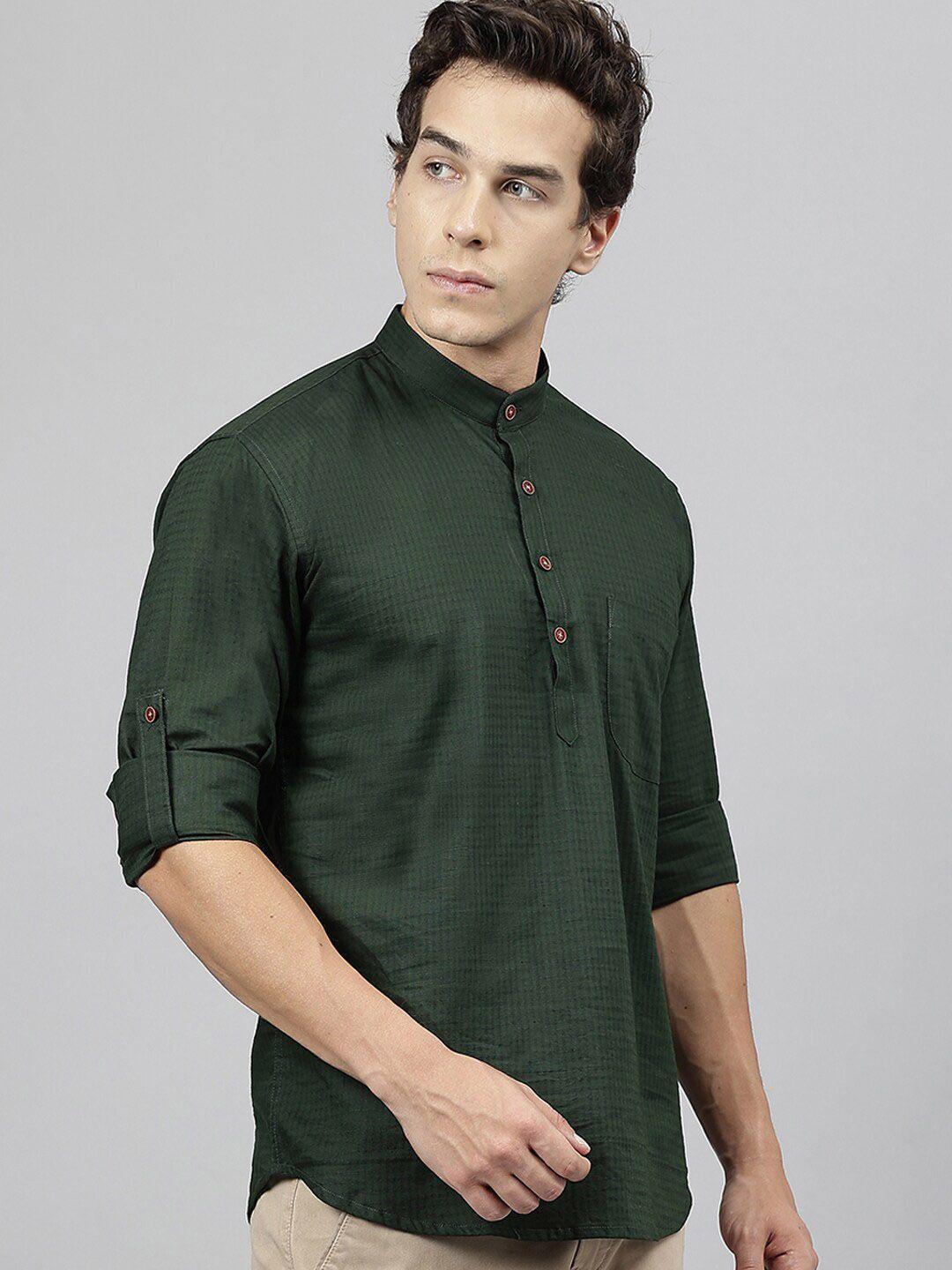 hancock self design band collar roll up sleeves pure cotton short kurta